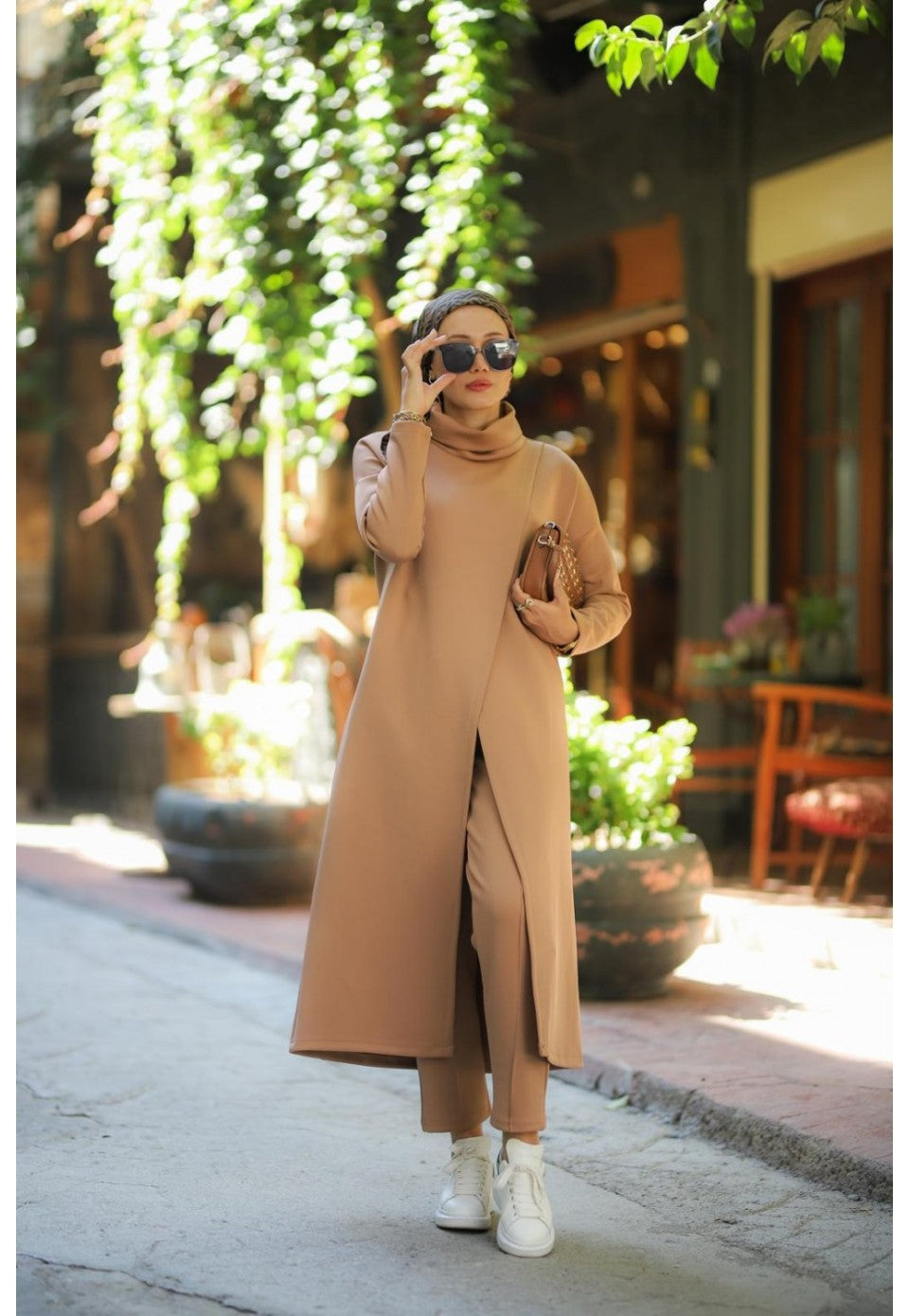 Boğazlı Tunik Pantolon Takım vizon