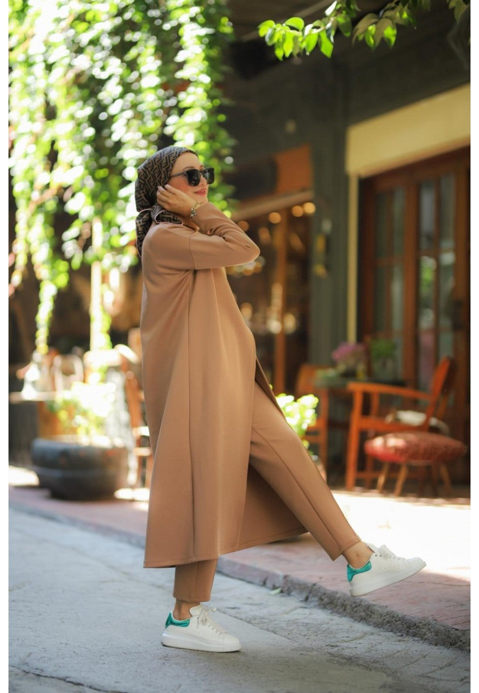 Boğazlı Tunik Pantolon Takım vizon