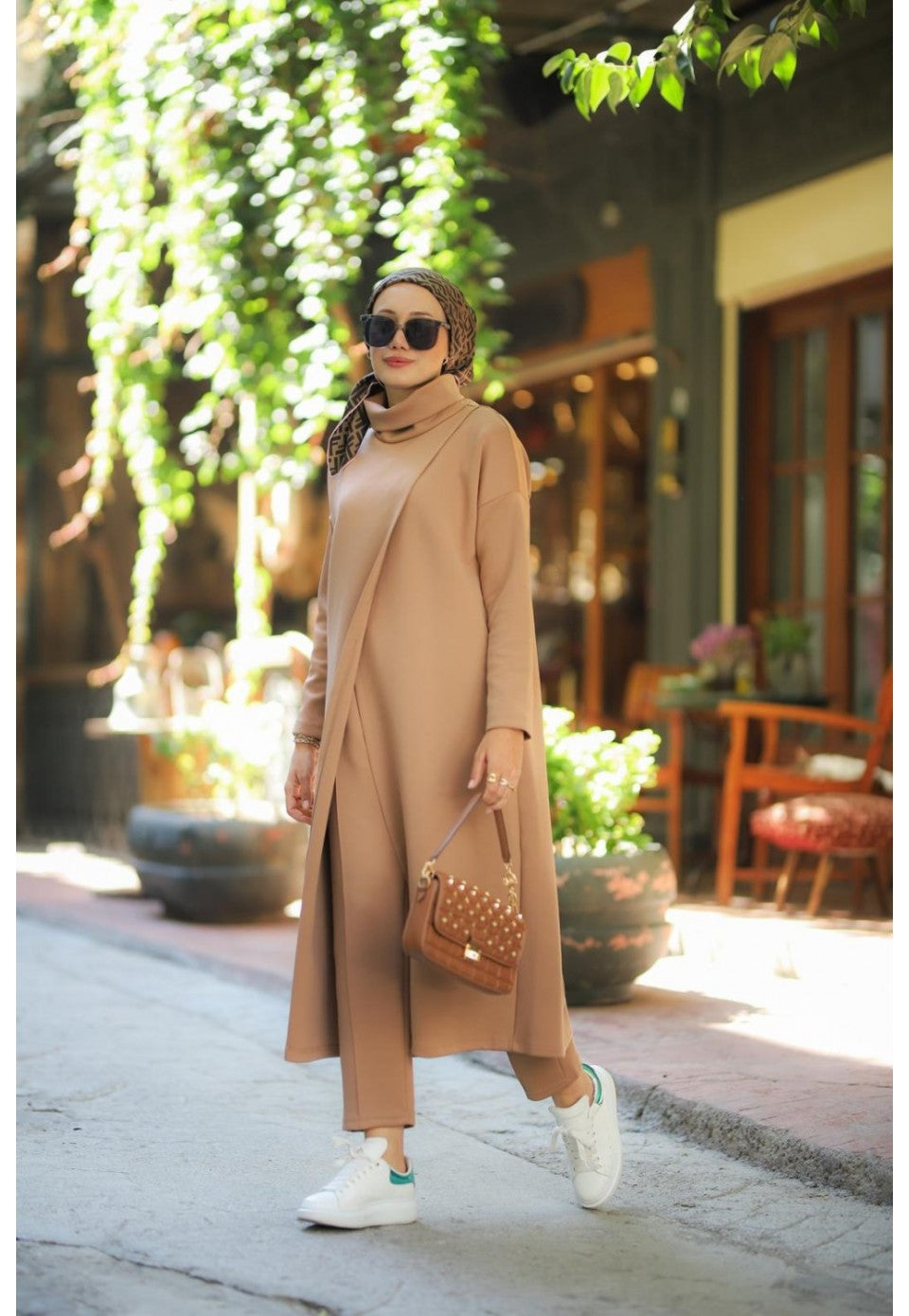 Boğazlı Tunik Pantolon Takım vizon