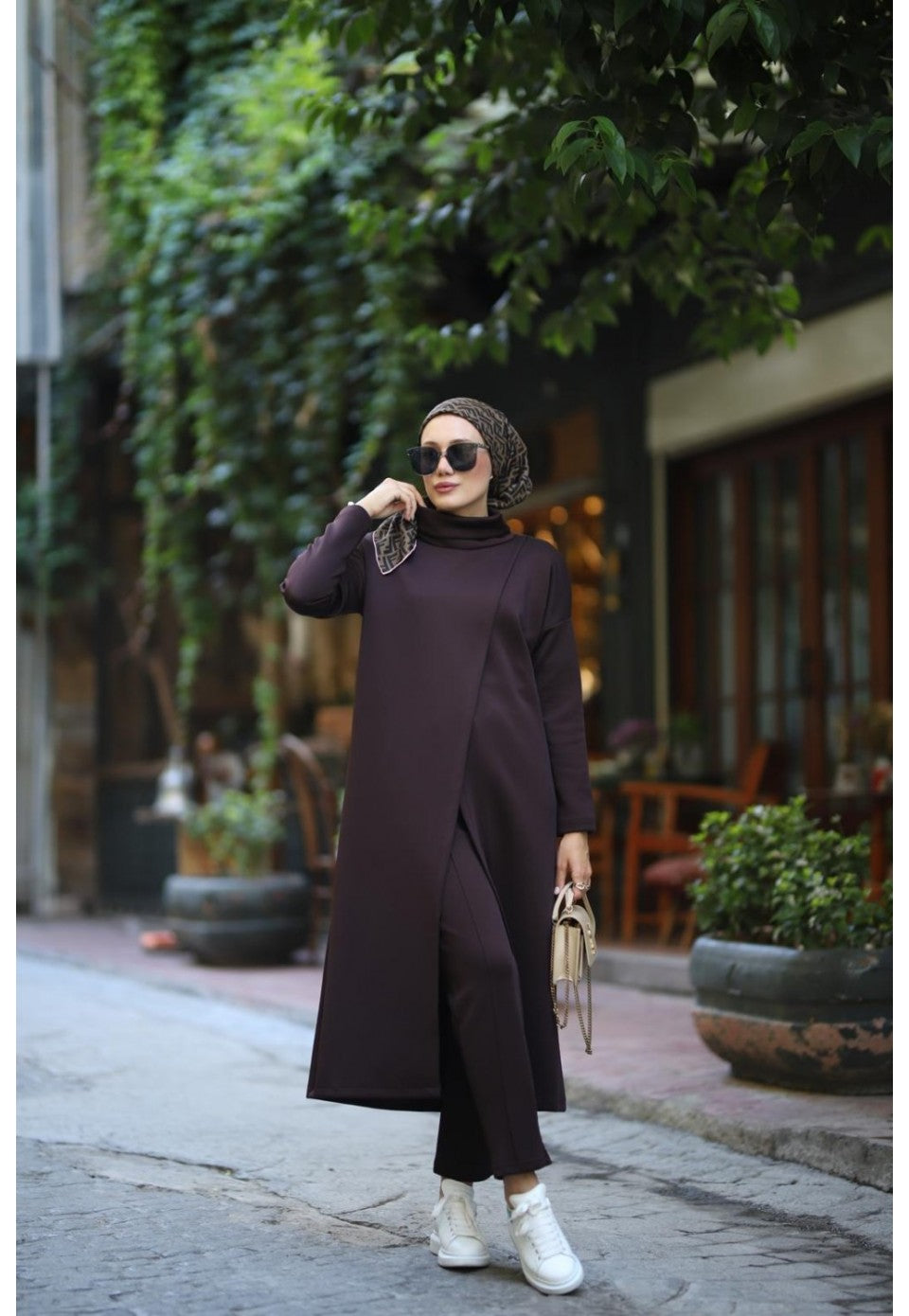 Boğazlı Tunik Pantolon Takım kahverengi