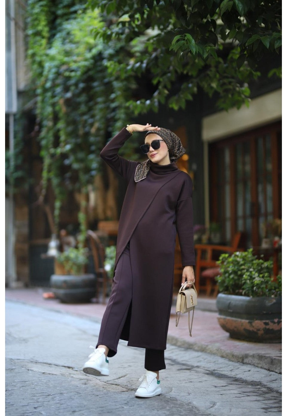 Boğazlı Tunik Pantolon Takım kahverengi