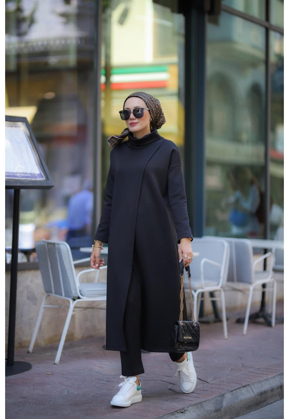 Boğazlı Tunik Pantolon Takım siyah