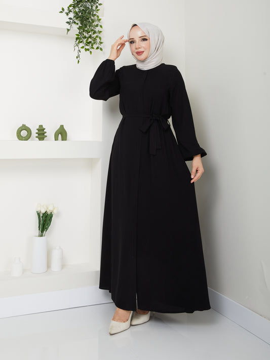 Casual Hijab Abaya with Waist Belt - Black