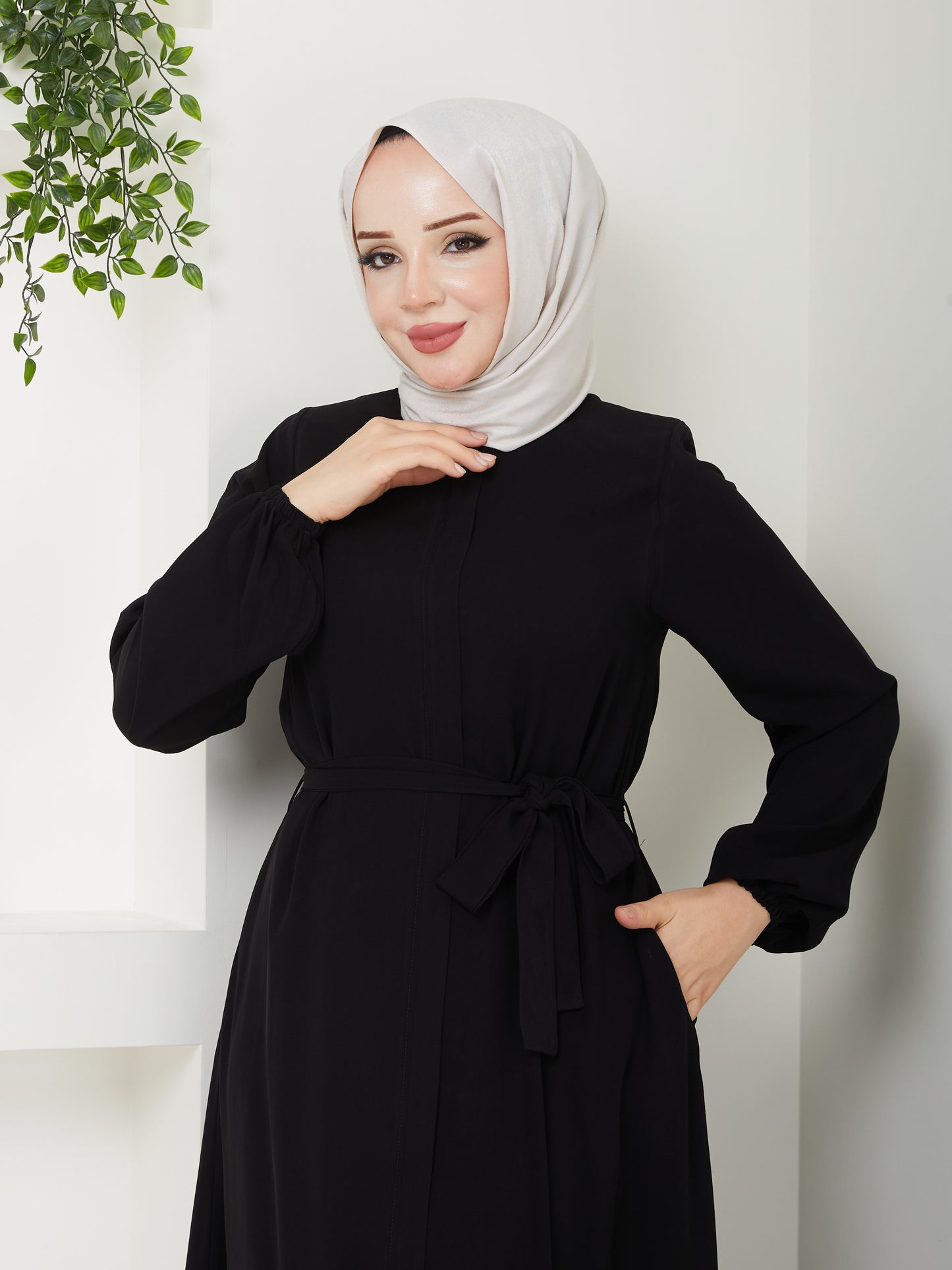 Beli Kuşaklı Salaş Tesettür Ferace- Siyah