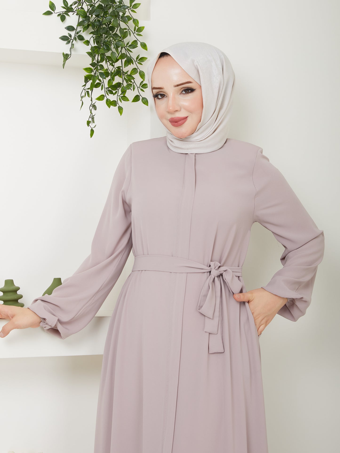 Beli Kuşaklı Salaş Tesettür Ferace- Ekru