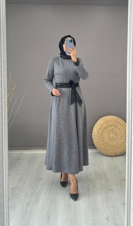 Robe Hijab Longue Ceinturée à Taille - Anthracite