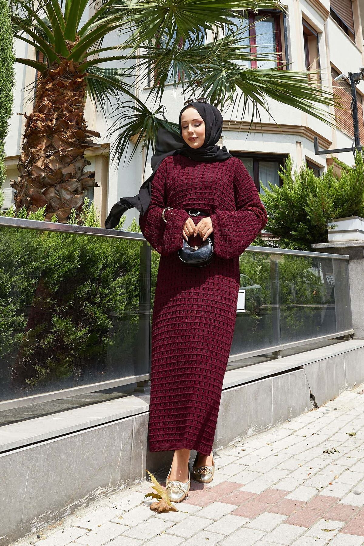 File Detaylı Triko Elbise Bordo