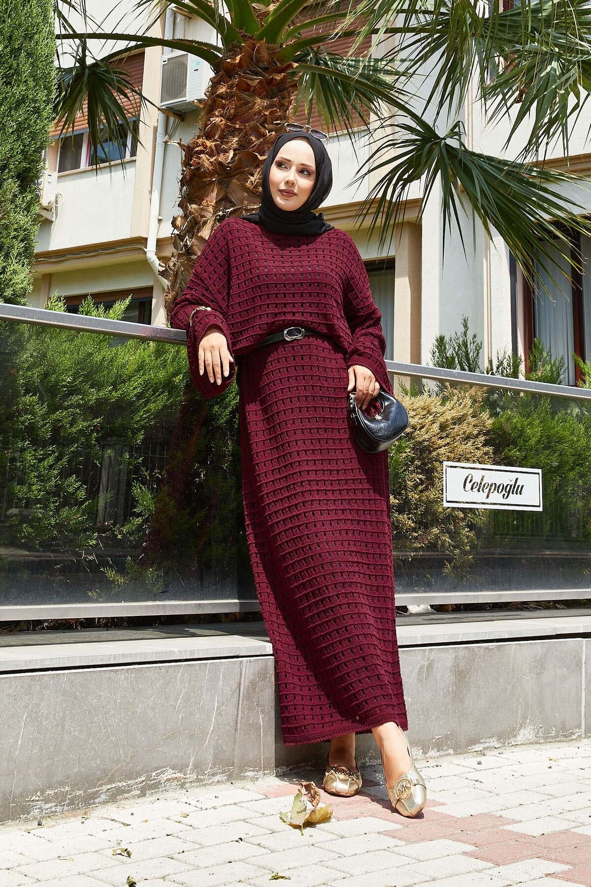 File Detaylı Triko Elbise Bordo