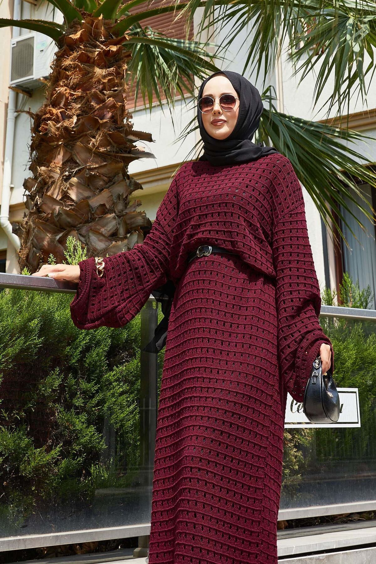 File Detaylı Triko Elbise Bordo