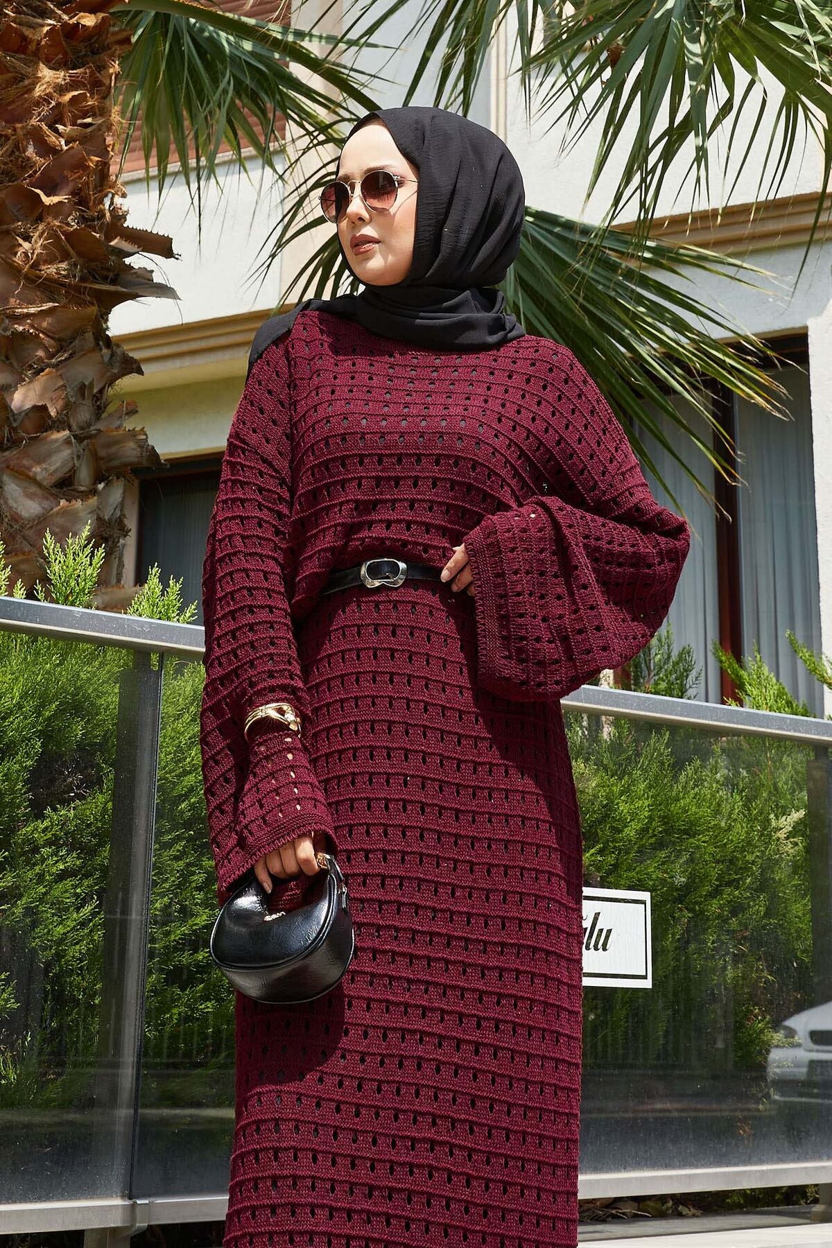 File Detaylı Triko Elbise Bordo