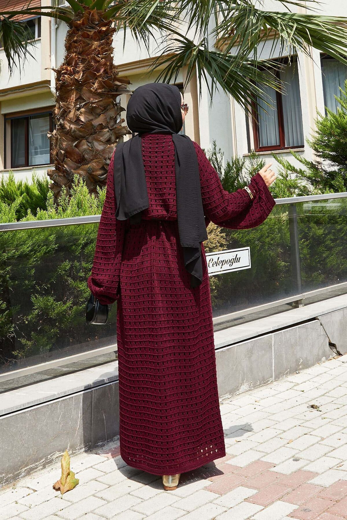 File Detaylı Triko Elbise Bordo
