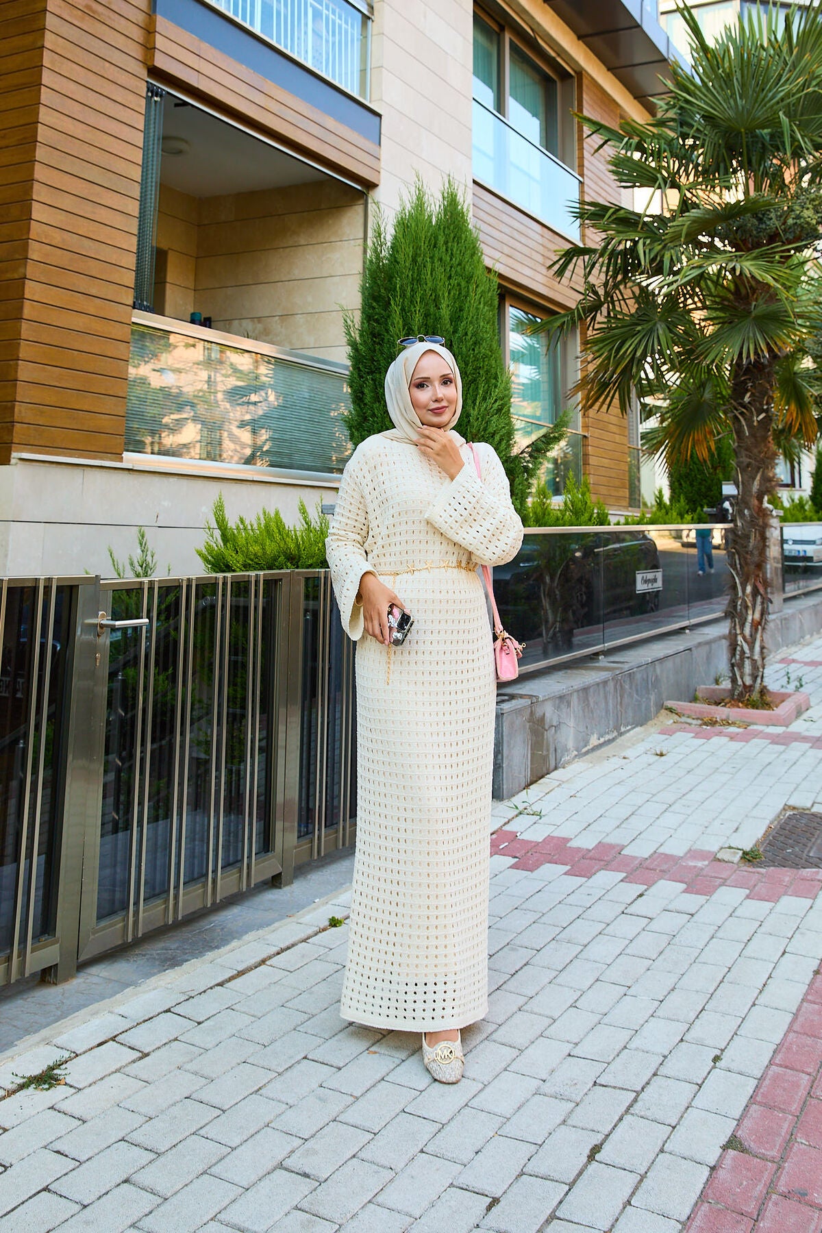 File Detaylı Triko Elbise krem