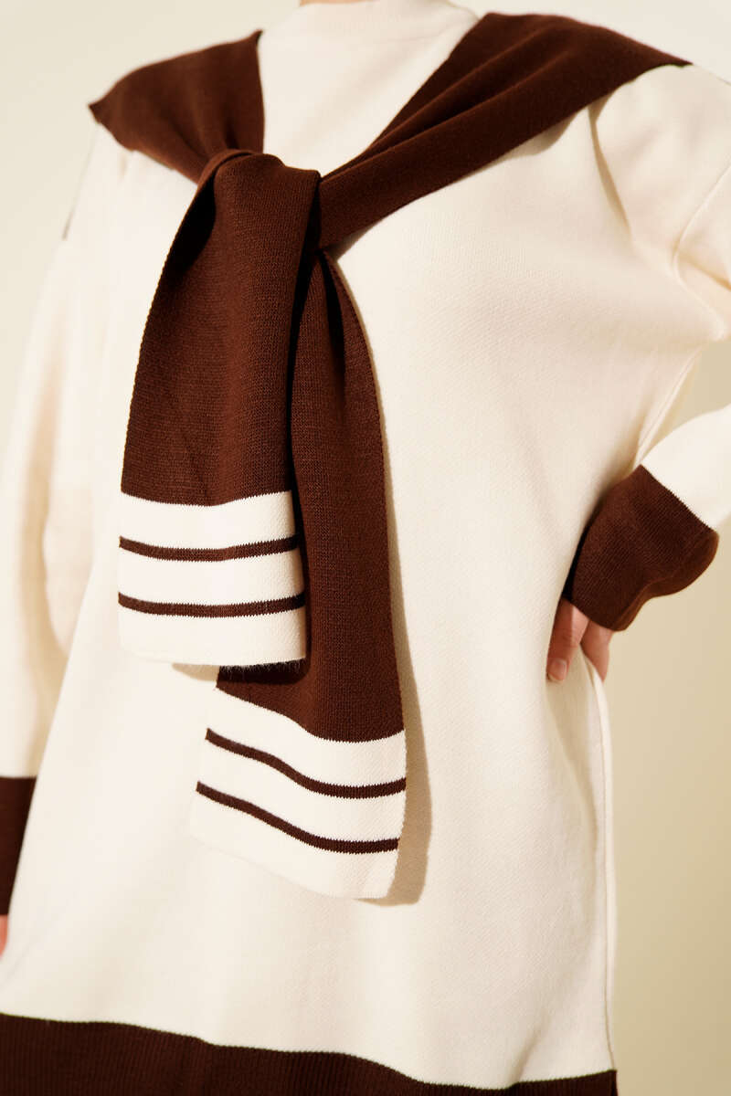 Atkılı Şerit Detaylı Triko İkili Takım kahverengi