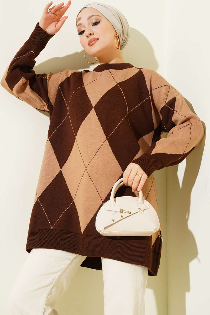 Baklava Desenli Basic Triko Tunik kahverengi