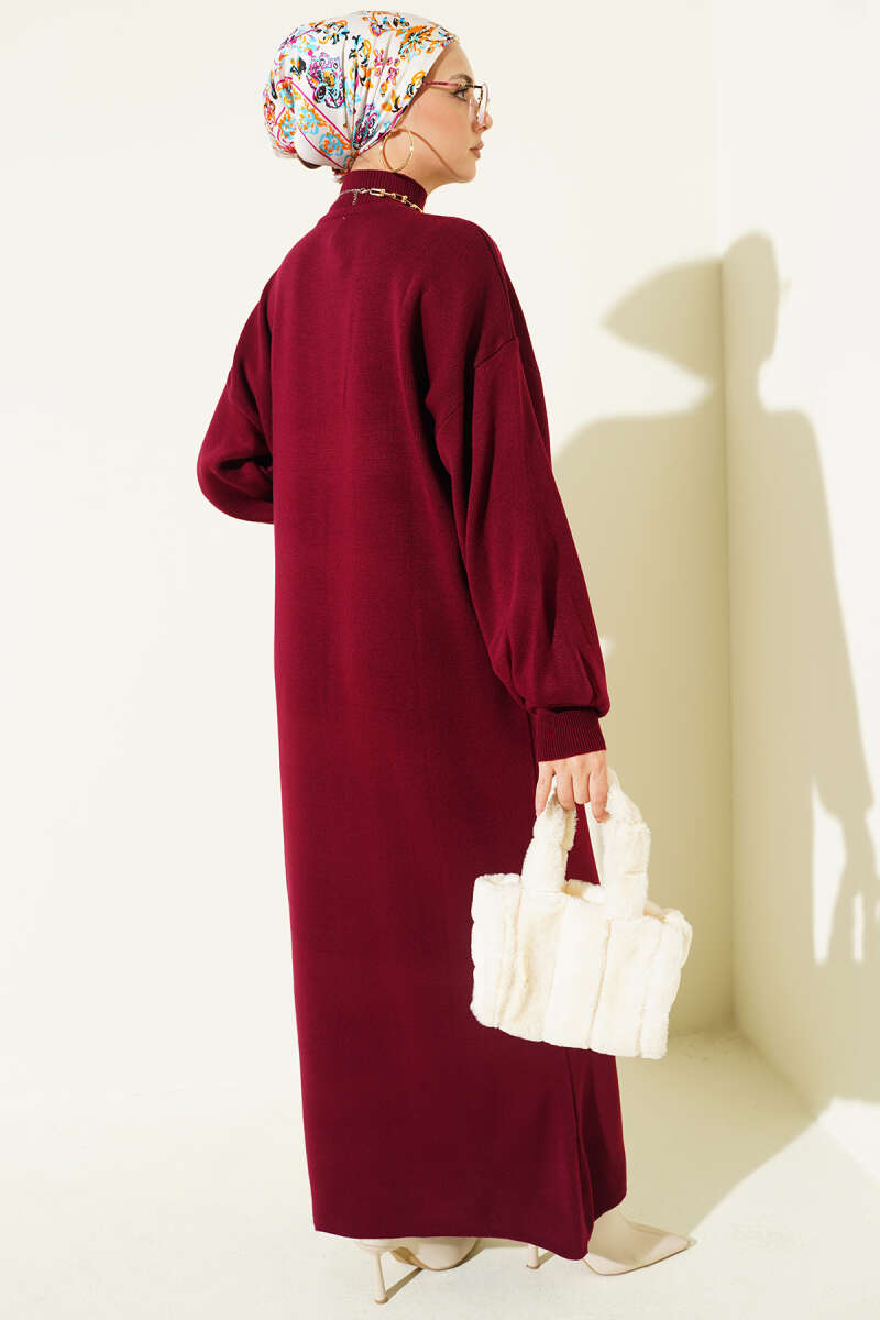 Balıkçı Yaka Düz Triko Elbise bordo