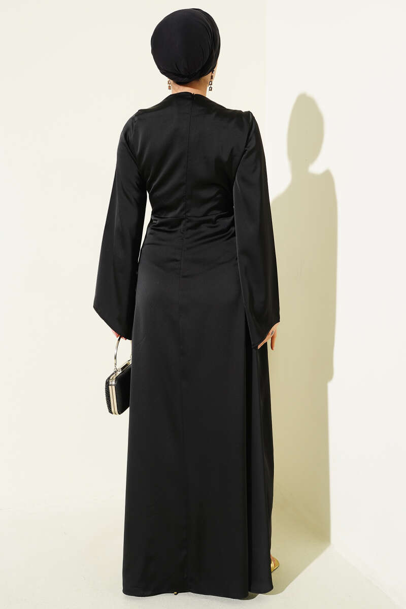 Bel Büzgü Detaylı Saten Abiye Elbise siyah