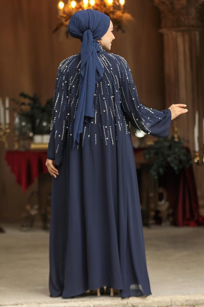 Boncuk İşlemeli Abaya Takım Lacivert