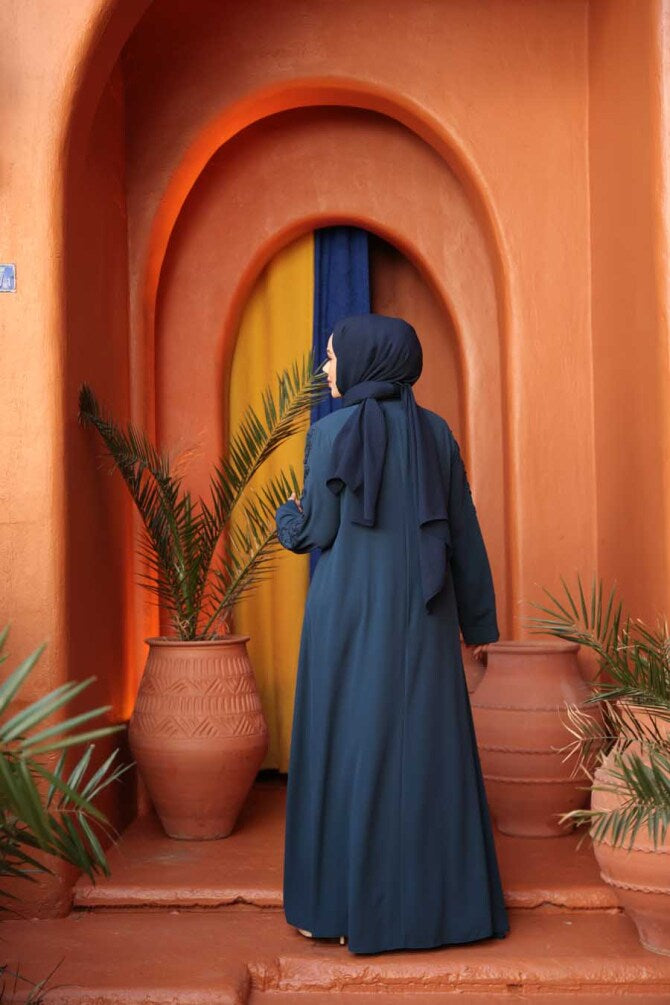 Boncuk İşlemeli Ferace Petrol Mavisi