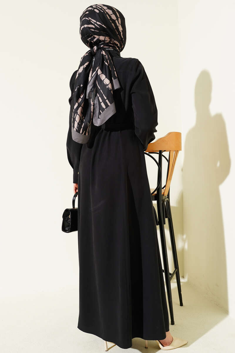 Boydan Düğmeli Kemerli Tensel Elbise siyah