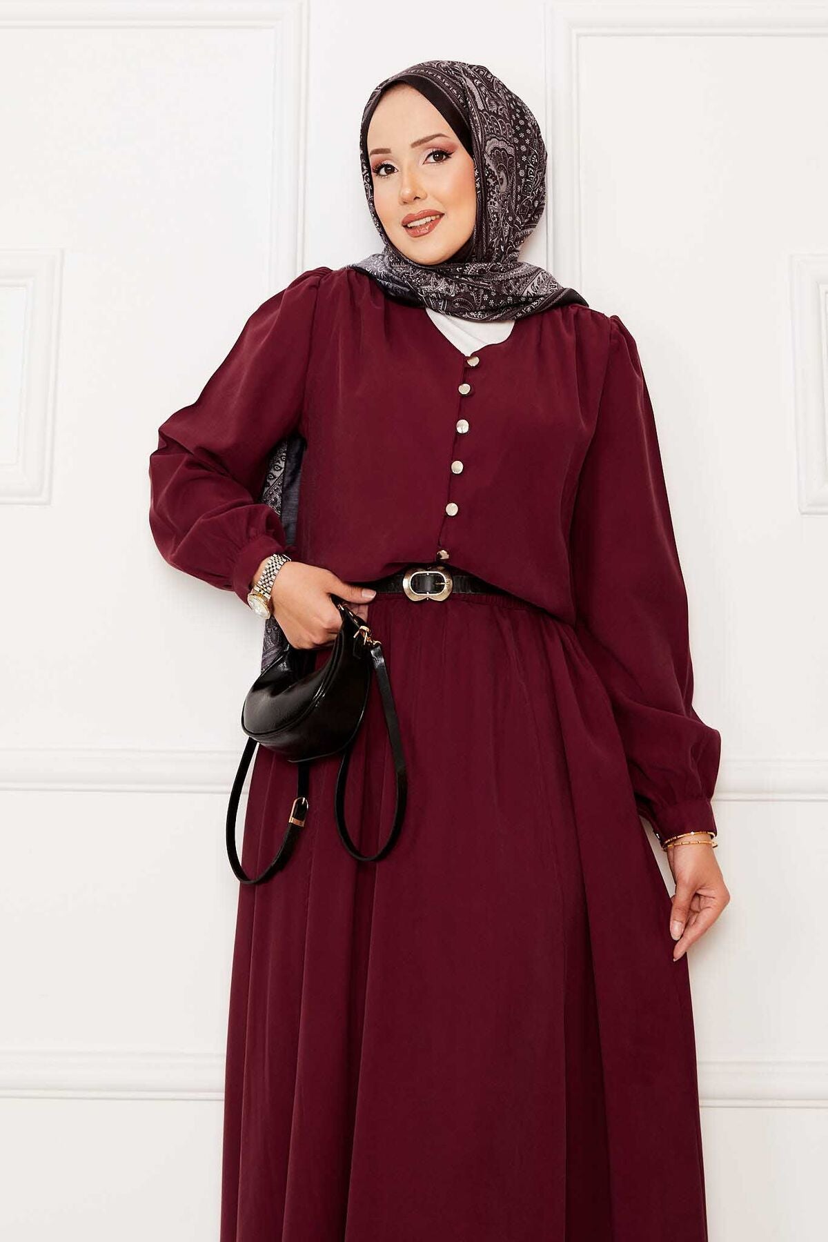 Eteği Pileli İkili Tesettür Takım bordo