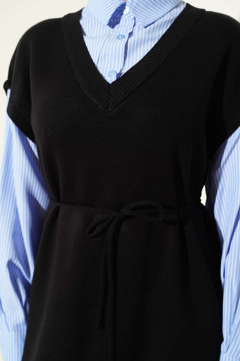 Çizgi Gömlek Garnili Triko Elbise siyah