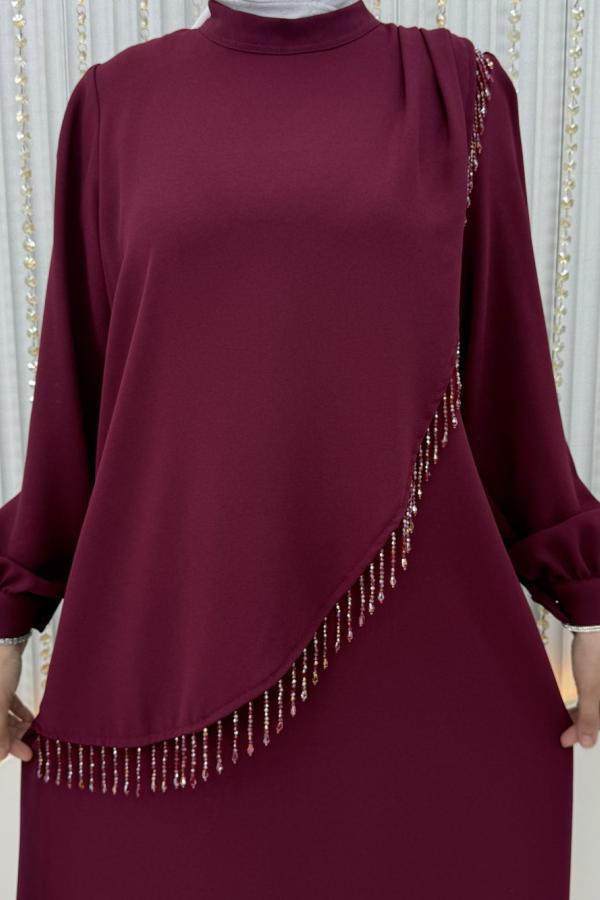 Taş işlemeli Abiye vişne