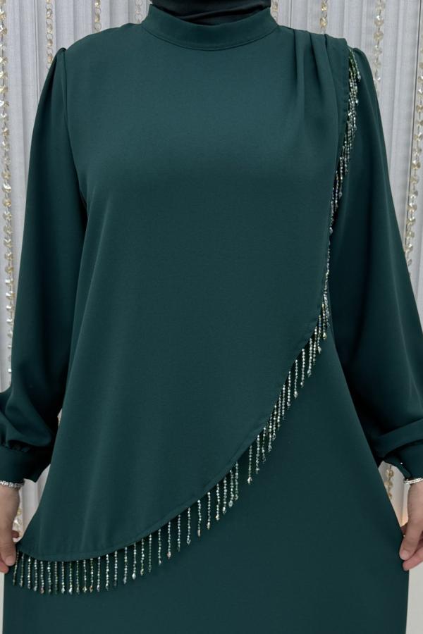 Taş işlemeli Abiye zümrüt yeşili