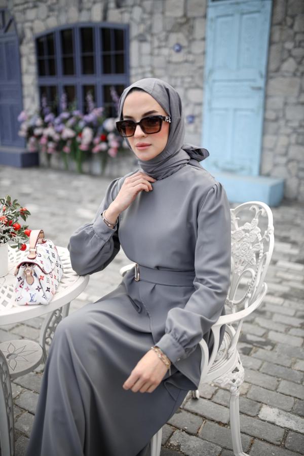 Tesettür Nazlı Asimetrik Elbise gri