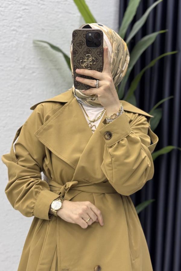 Liza Trench Tesettür Giyim koyu camel