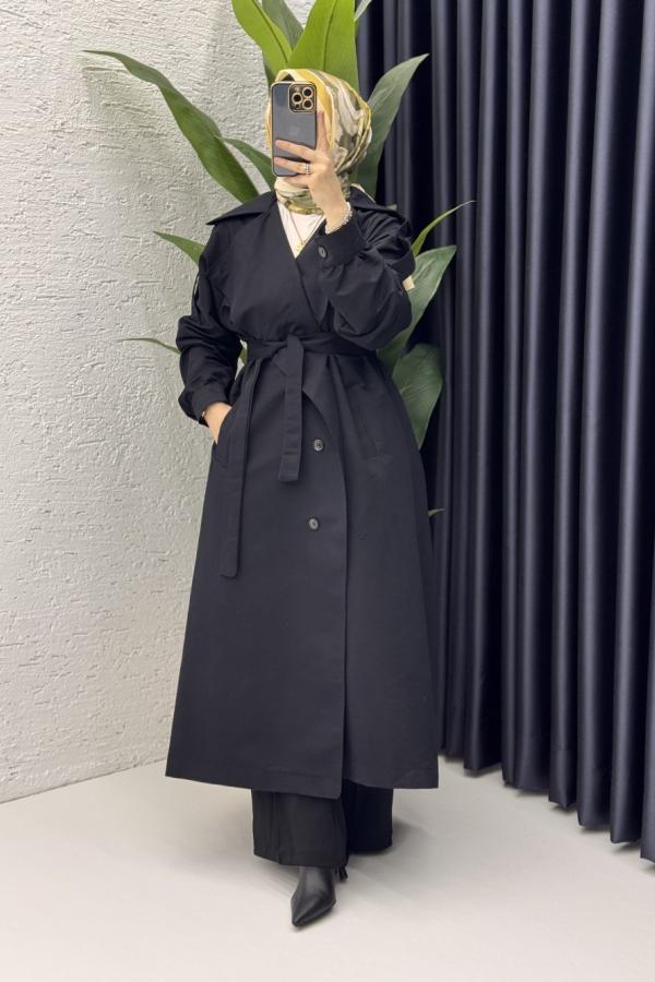 Liza Trench Tesettür Giyim siyah