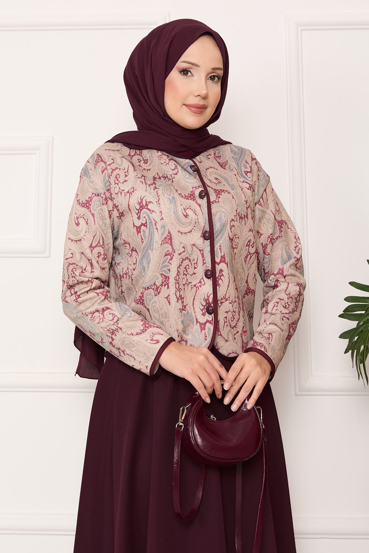 Croplu Ceket Etek Takım bordo