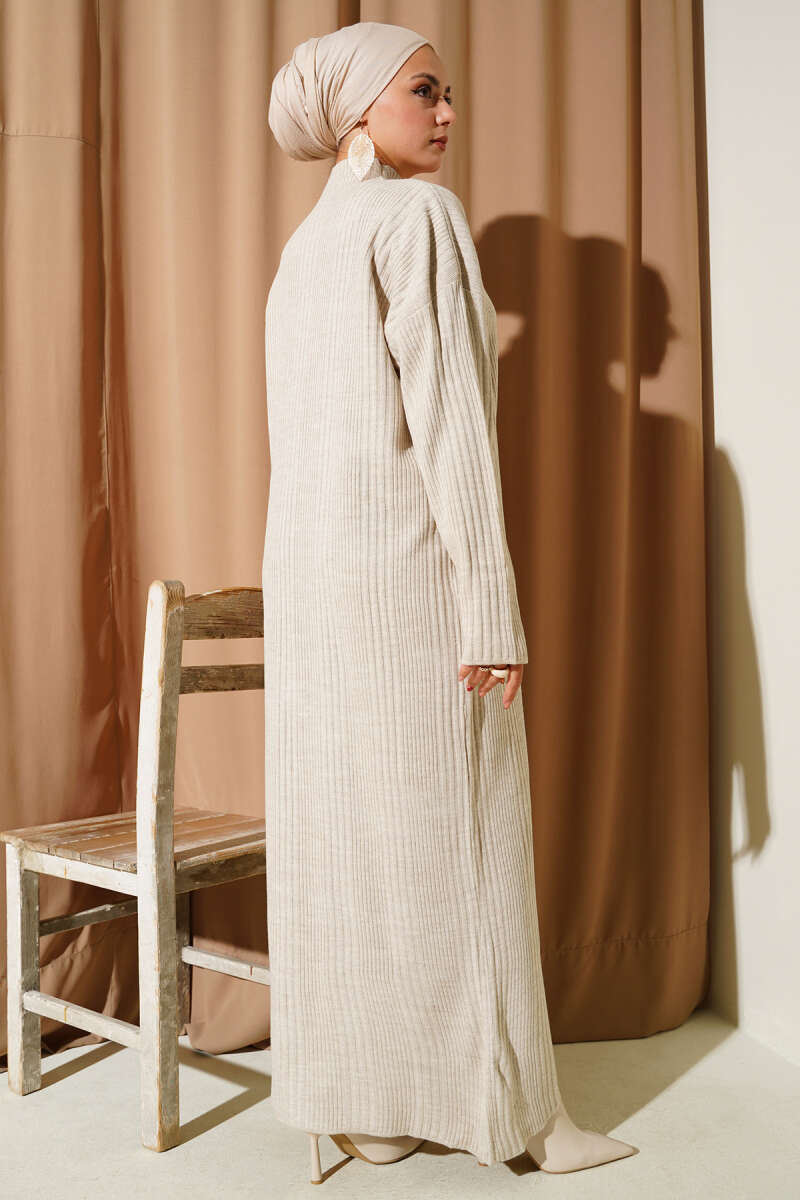 Ribbed Knit Dress with High Collar light beige
