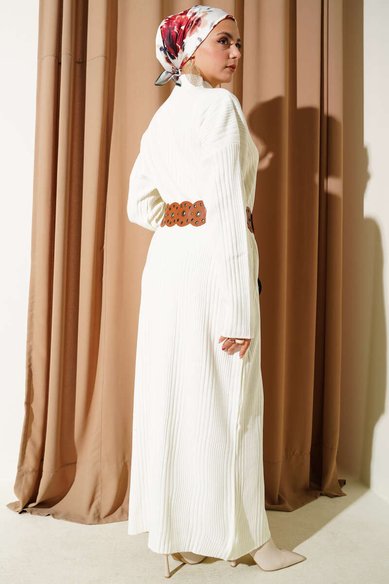 Dik Yaka Fitilli Triko Elbise ekru