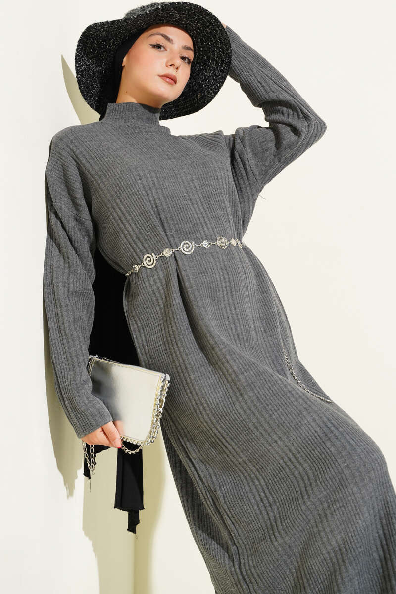 Dik Yaka Fitilli Triko Elbise gri