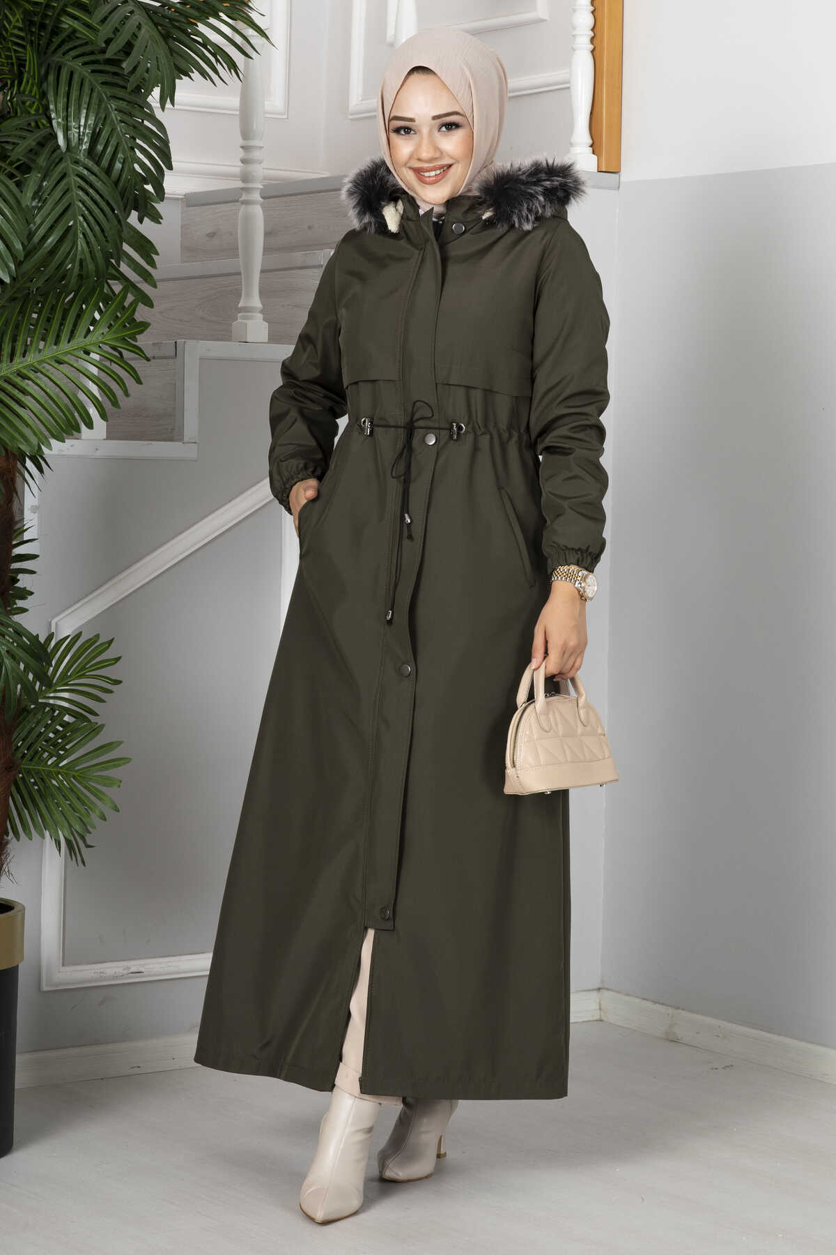 İçi yünlü yağmur kumaş Manto haki