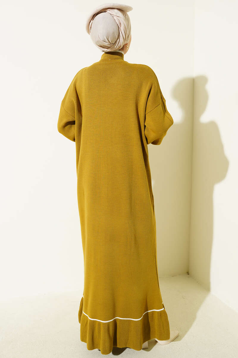 Etek Ucu Fırfır Detaylı Triko Elbise yağ yeşili