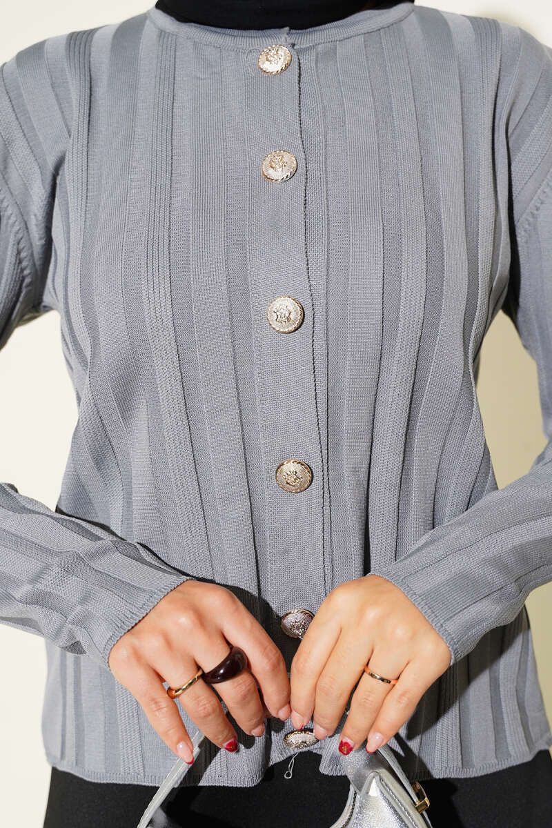 Fitilli Düğmeli Triko Hırka gri