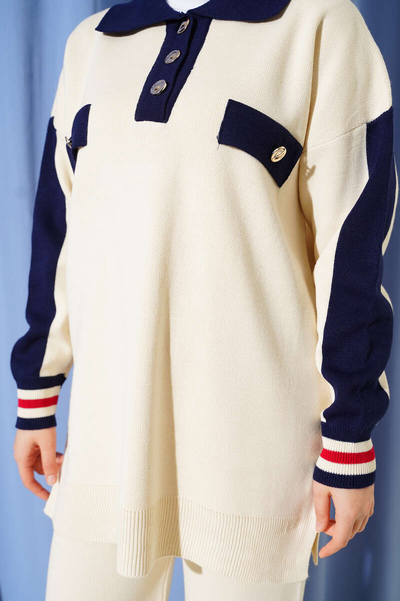 Gömlek Yaka Düğmeli Triko İkili Takım ekru