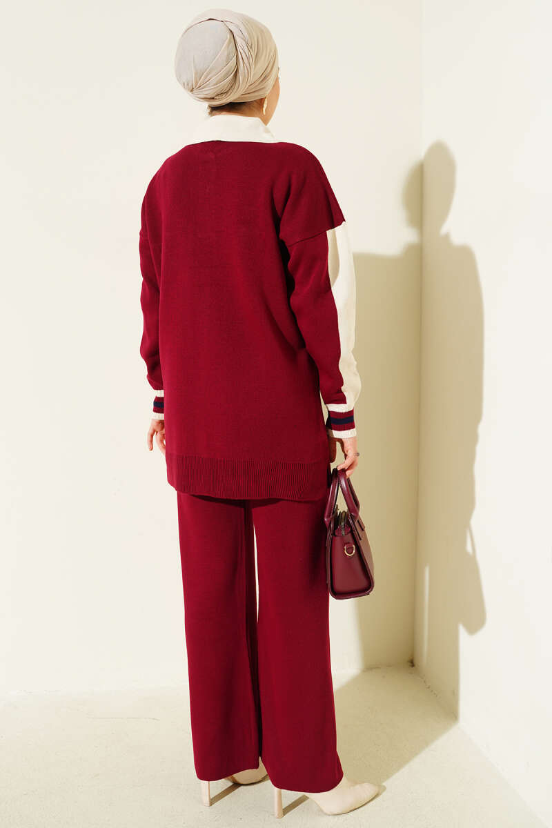 Gömlek Yaka Düğmeli Triko İkili Takım bordo