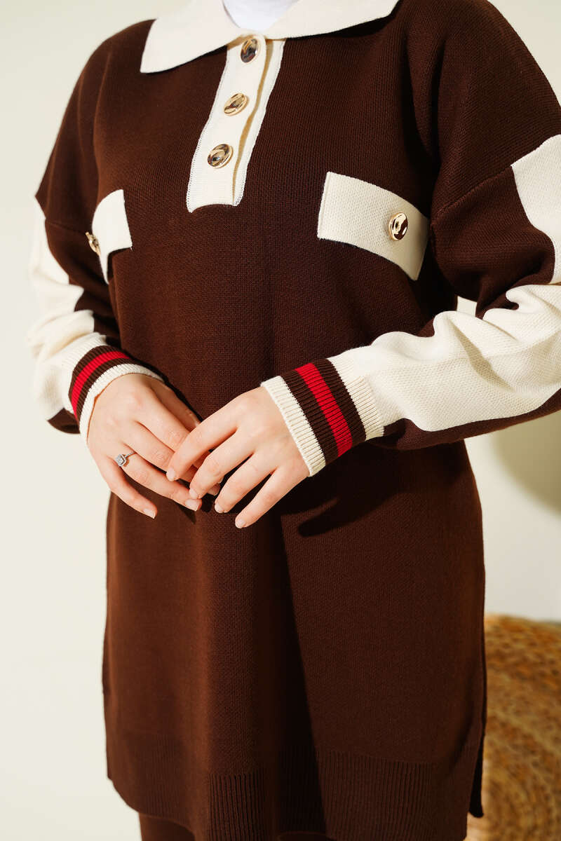 Gömlek Yaka Düğmeli Triko İkili Takım kahve