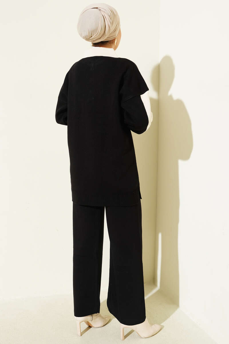 Gömlek Yaka Düğmeli Triko İkili Takım siyah