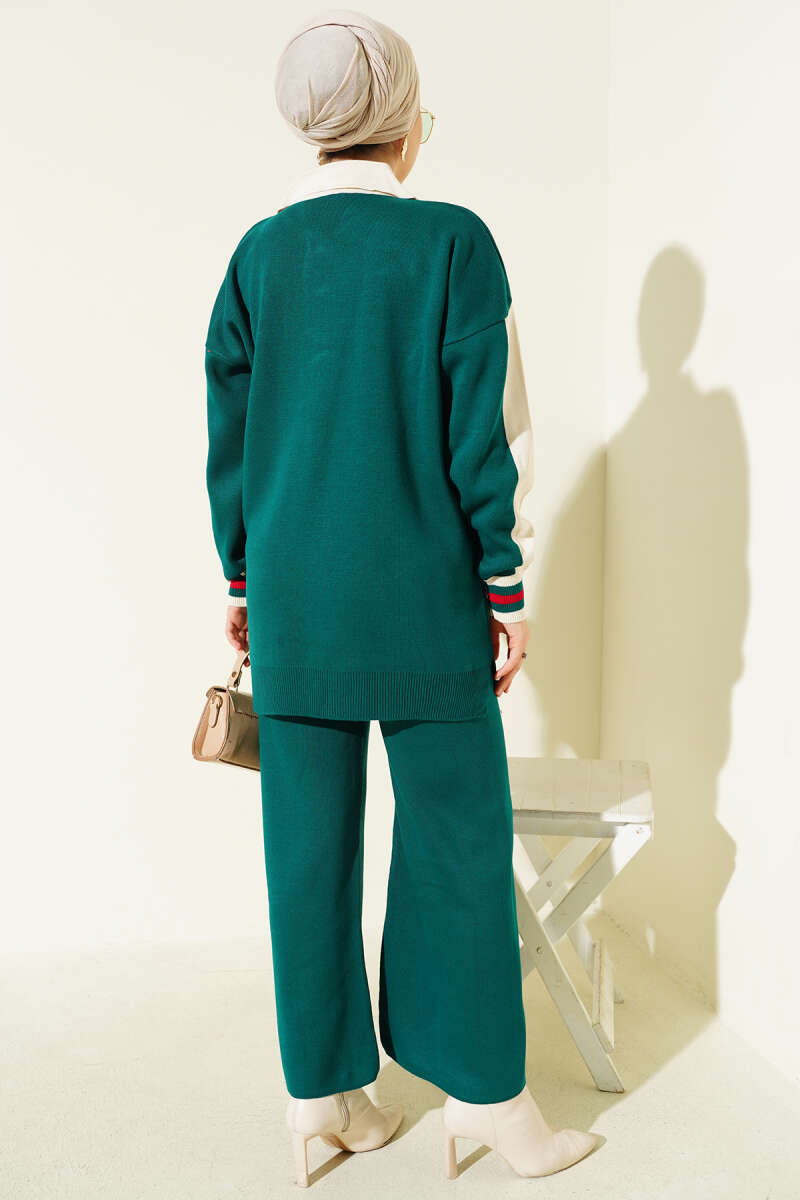 Gömlek Yaka Düğmeli Triko İkili Takım Zümrüt