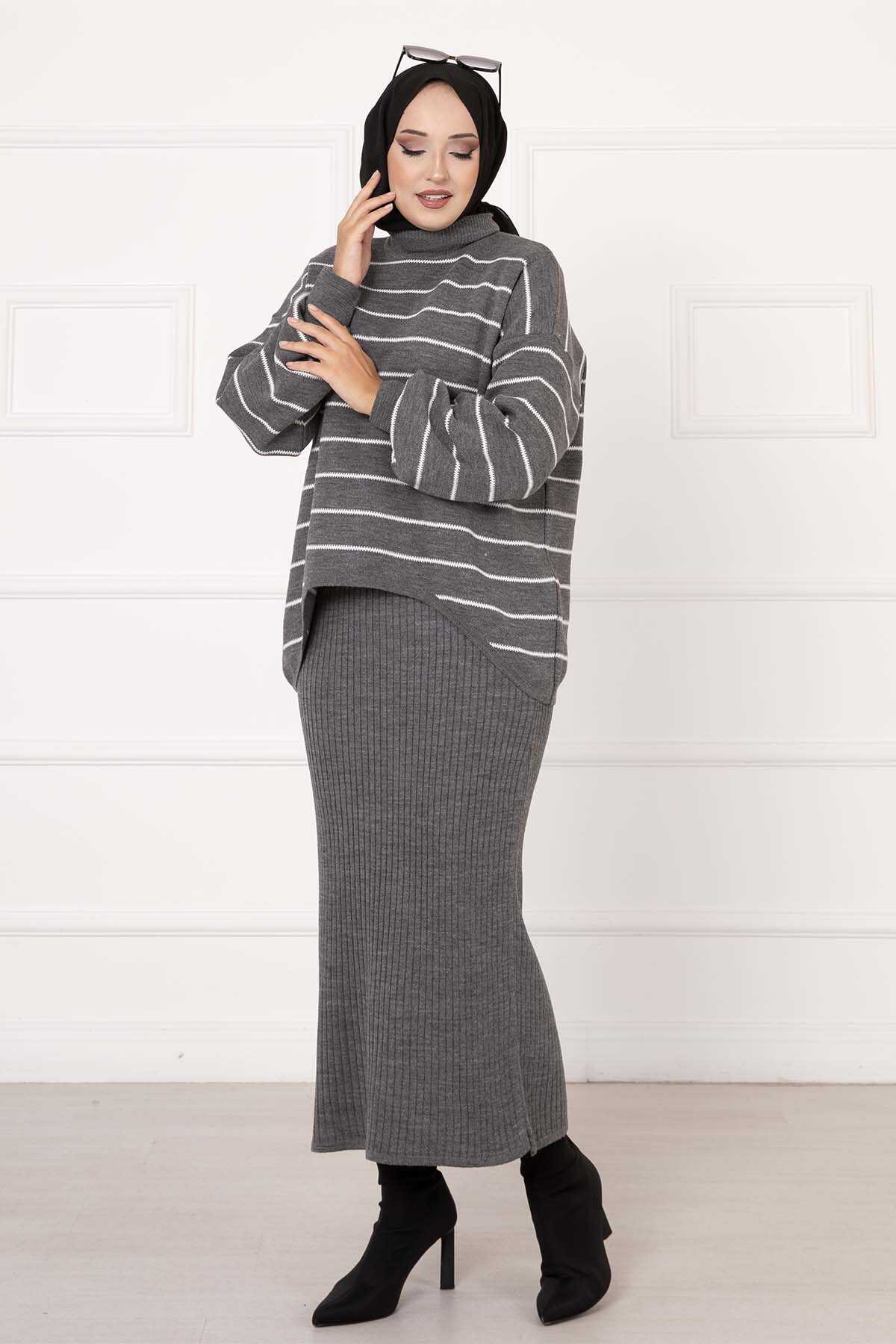 Çizgili Crop Takım Elbise gri
