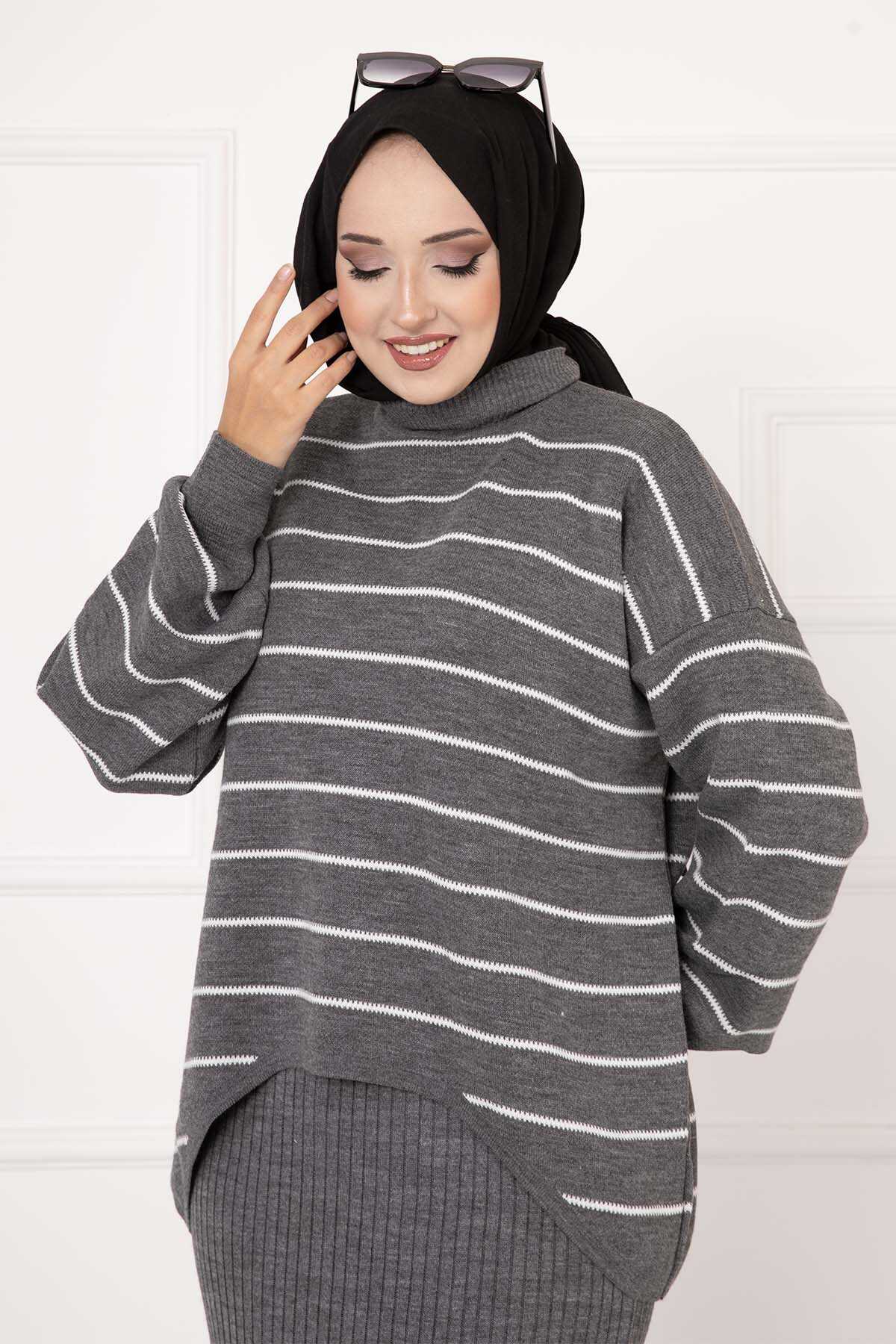 Çizgili Crop Takım Elbise gri