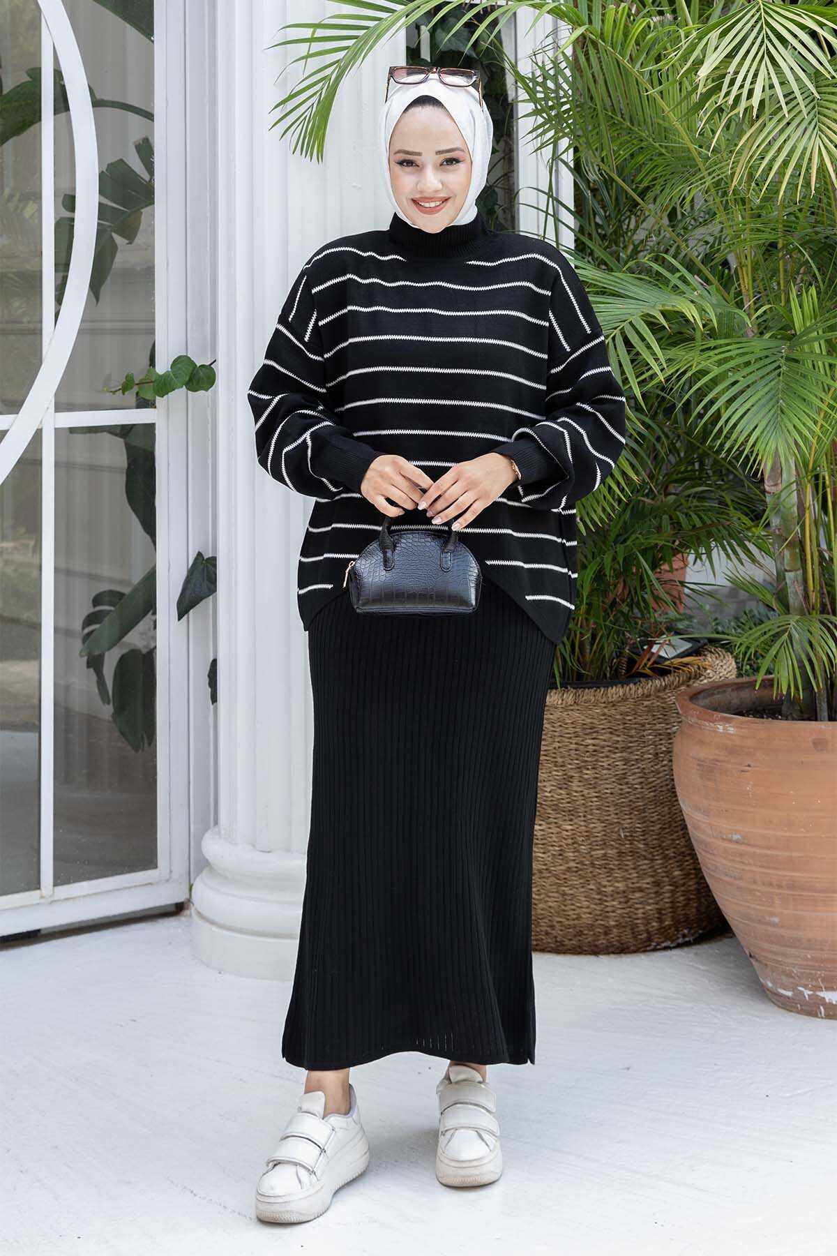 Çizgili Crop Takım Elbise Siyah