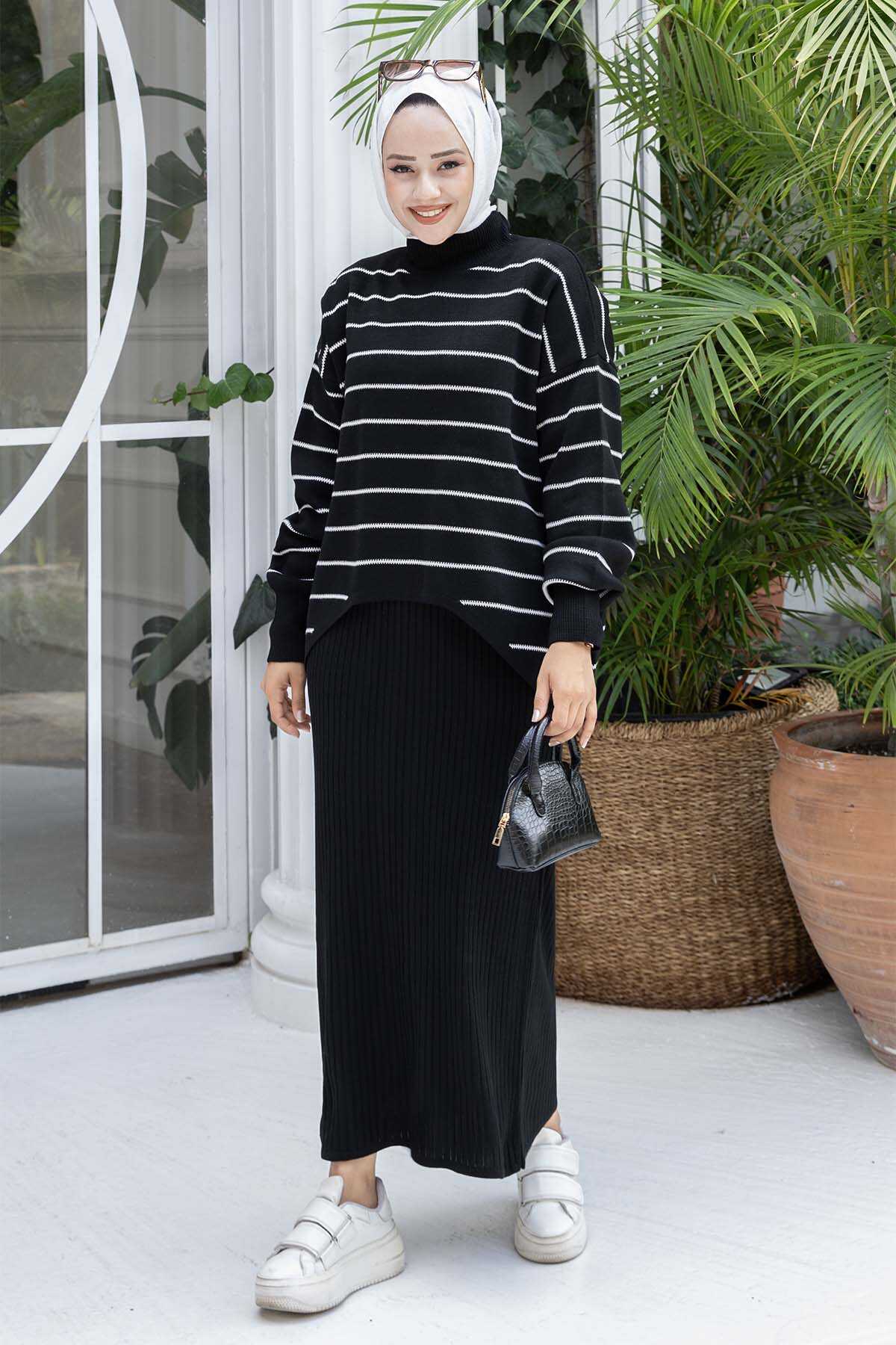 Çizgili Crop Takım Elbise Siyah