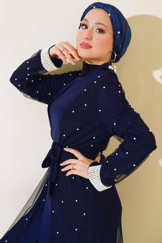 İnci Tül Abaya Takımı Lacivert