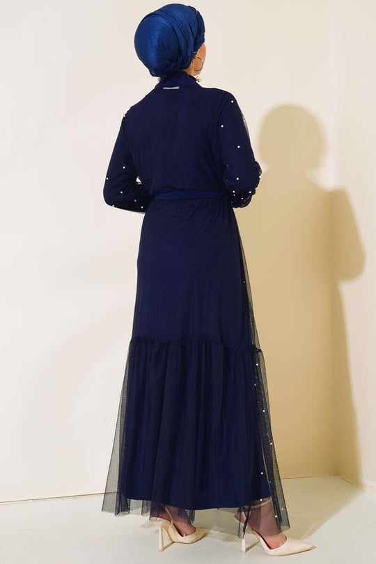 İnci Tül Abaya Takımı Lacivert