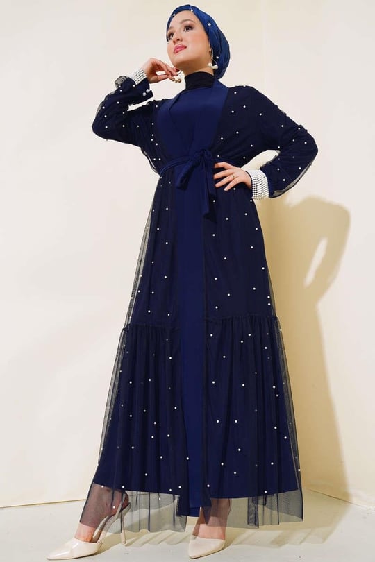 İnci Tül Abaya Takımı Lacivert