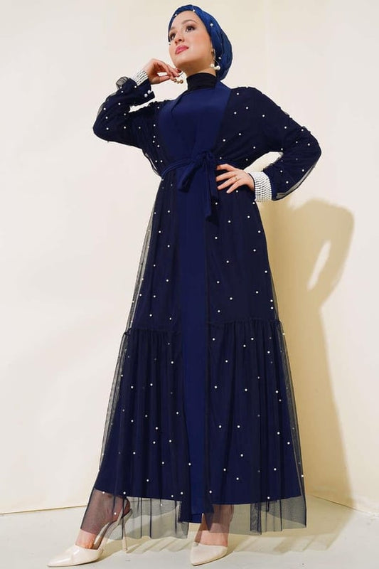 İnci Tül Abaya Takımı Lacivert